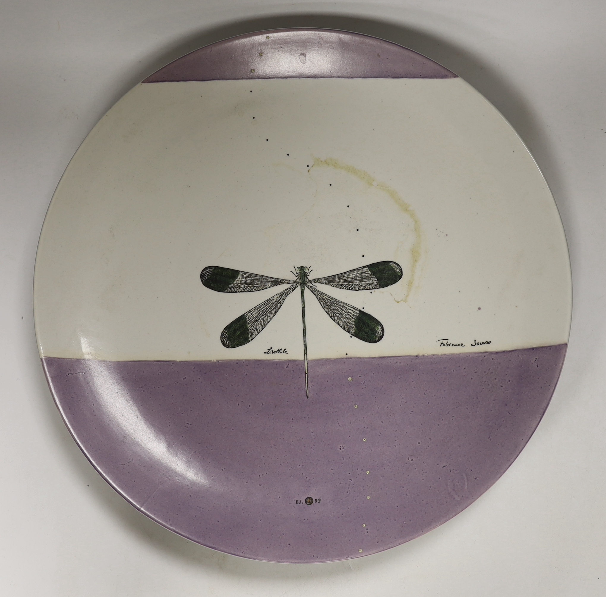 A signed Fabienne Jouvier Dragonfly pattern vase, dish and box, marked “Libellule”, 93, vase 41.5cm high